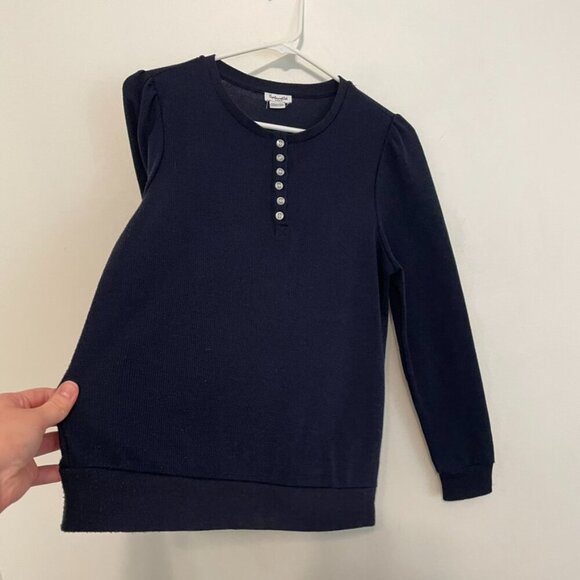 SPLENDID ANTHROPOLOGIE ANTHRO Waffle Mixed Puff Sleeve Top Navy Blue Henley Knit - Picture 8 of 14